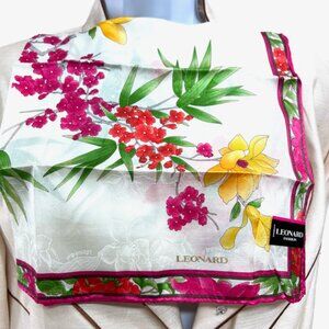 New tag on Leonard scarf cotton/silk 22" white green yell pink floral  (55)